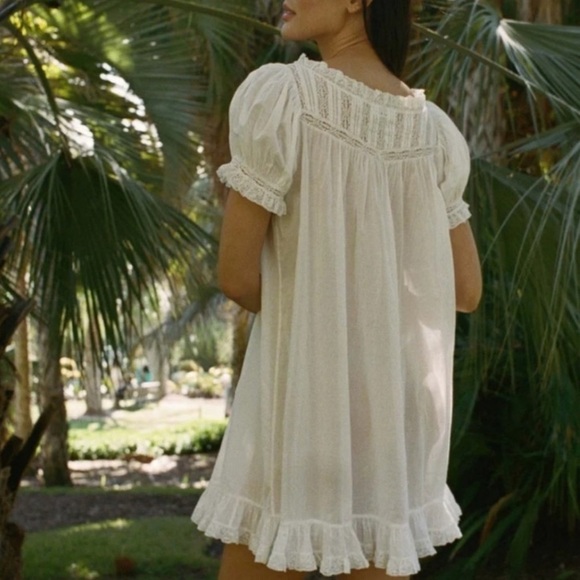 Doen Ainsley Cotton Ruffle Lace Babydoll Nightgown Mini Dress Salt White - Picture 3 of 12